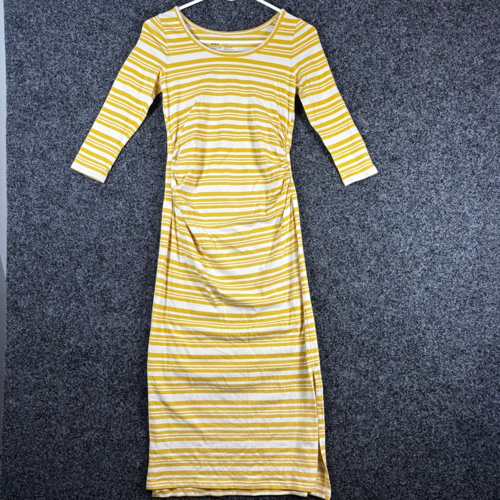 Pact Organic Cotton Striped Midi Dress Mustard Yellow White Ruched Side Small